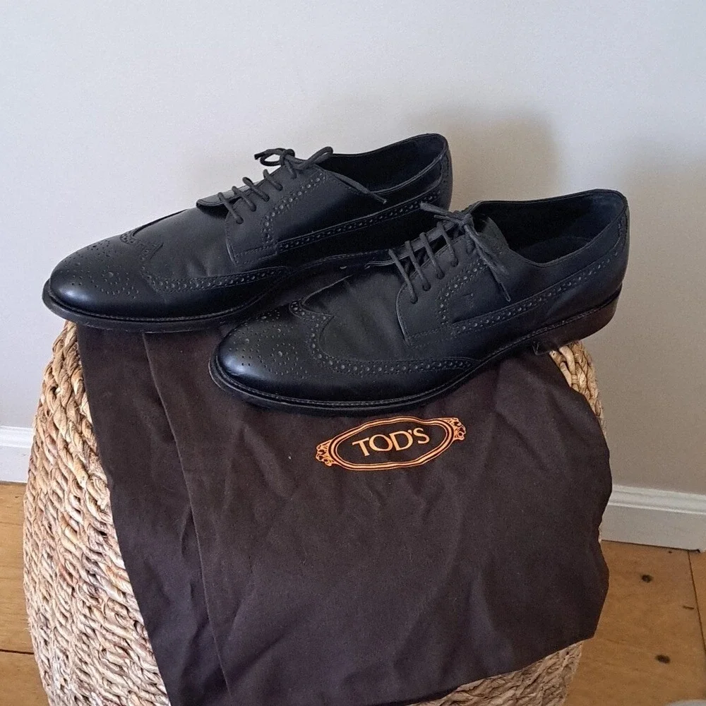Tod's Mens Classic  Black Italian Leather Wingtip Oxford Dress Shoes‎ US12/IT11